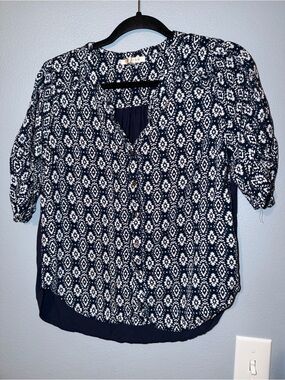 Skies Are Blue Navy and White Printed Button-Down Blouse